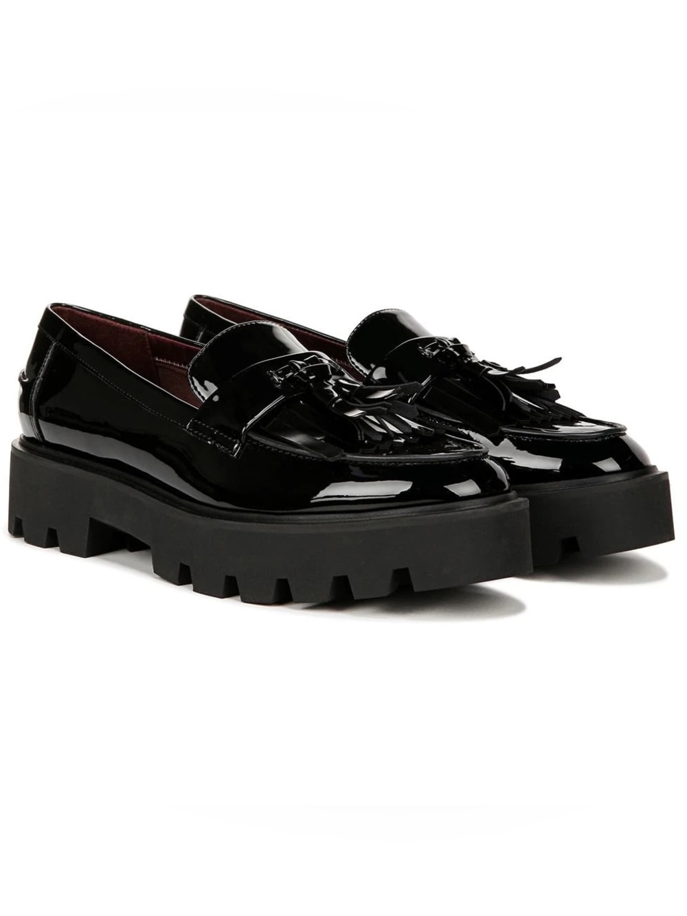 Franco Sarto Black Patent Tassel Lug Sole Loafers